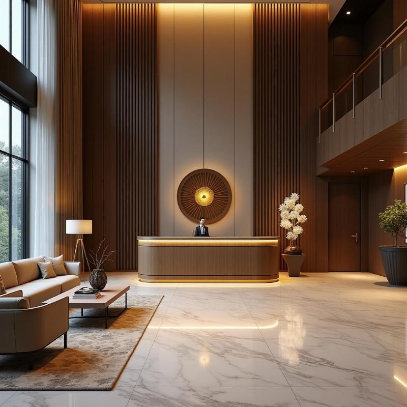 Không gian sảnh lễ tân sang trọng và tiện ích hiện đại bên trong Tòa nhà Saigon Paragon Quận 7